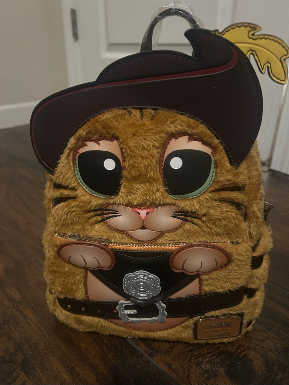 Loungefly Plush Cat Backpack in Brown and Black with Green Eye Accents